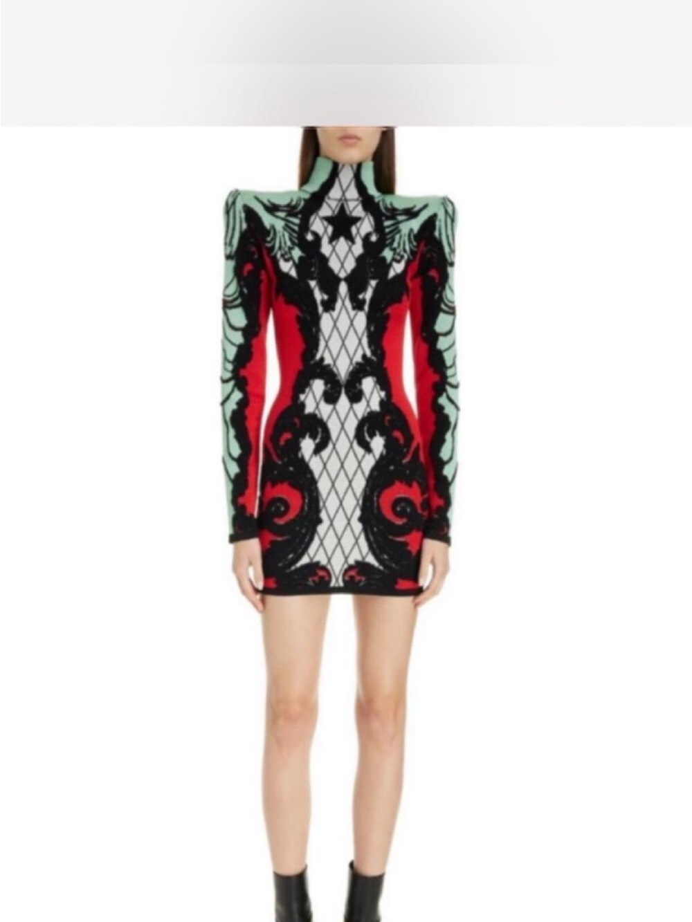 Pierre Balmain Mint, Red & Black Baroque Mini Dress